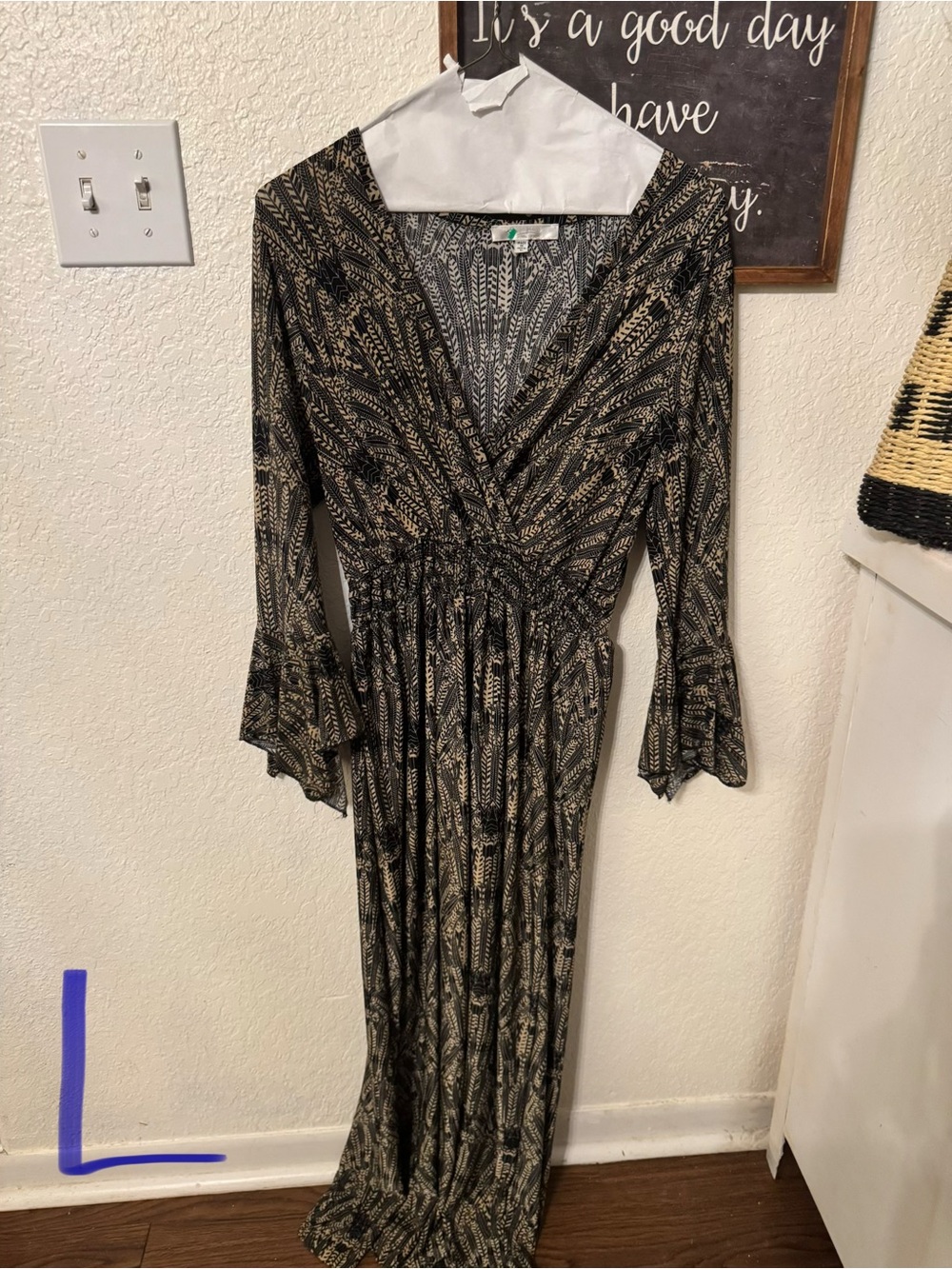 Boho Print Long Sleeve Maxi Dress - Black & Taupe